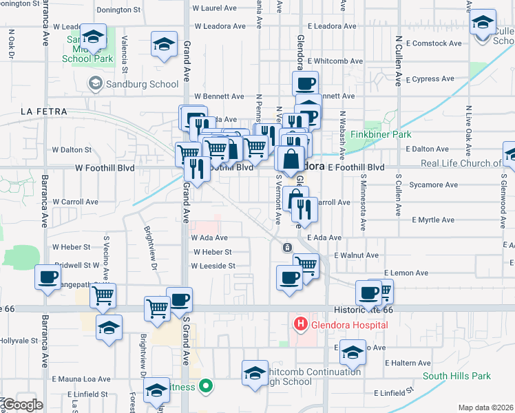 map of restaurants, bars, coffee shops, grocery stores, and more near 310 East Carroll Avenue in Glendora