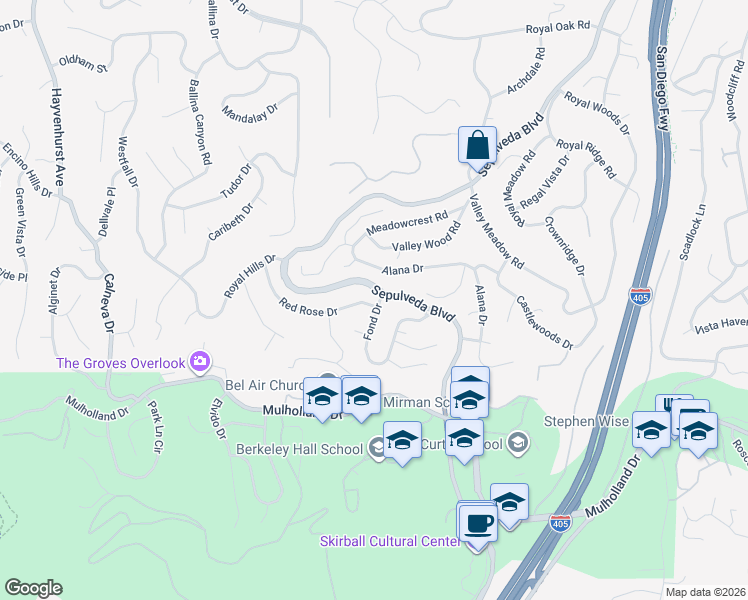 map of restaurants, bars, coffee shops, grocery stores, and more near 3300 Red Rose Drive in Los Angeles