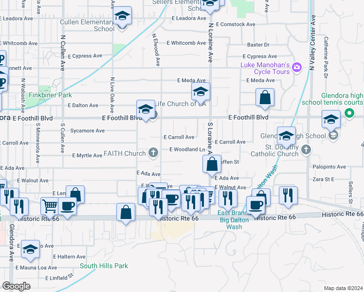 map of restaurants, bars, coffee shops, grocery stores, and more near 957 East Woodland Lane in Glendora