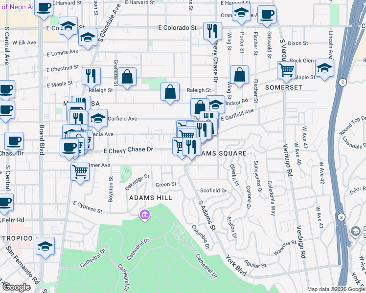 map of restaurants, bars, coffee shops, grocery stores, and more near 1011 East Chevy Chase Drive in Glendale