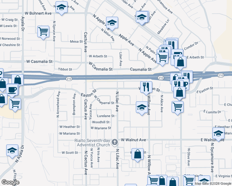map of restaurants, bars, coffee shops, grocery stores, and more near 6606 North Lilac Avenue in Rialto