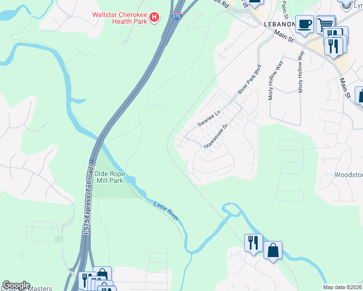 map of restaurants, bars, coffee shops, grocery stores, and more near 201 Swanee Lane in Woodstock