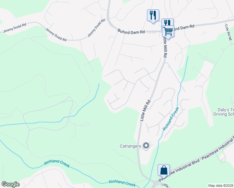 map of restaurants, bars, coffee shops, grocery stores, and more near 5687 Grindstone Drive in Buford