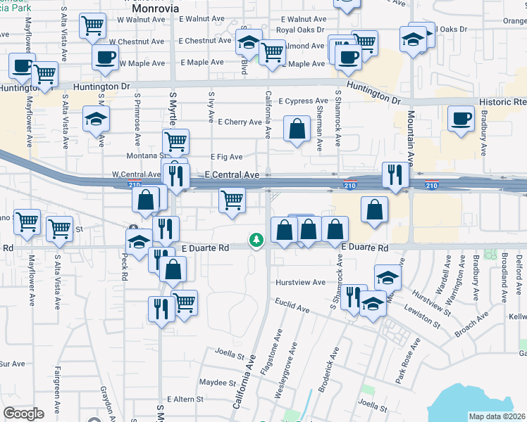 map of restaurants, bars, coffee shops, grocery stores, and more near 1601 California Avenue in Monrovia