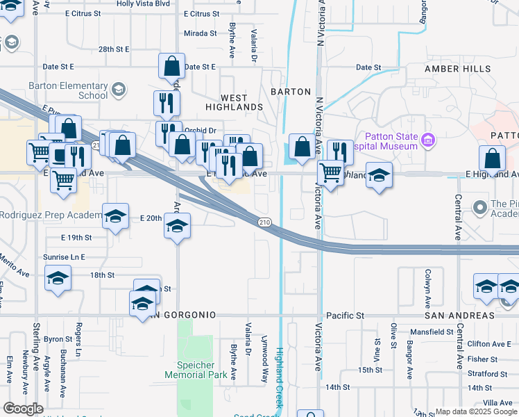 map of restaurants, bars, coffee shops, grocery stores, and more near 6597 Valaria Drive in Highland