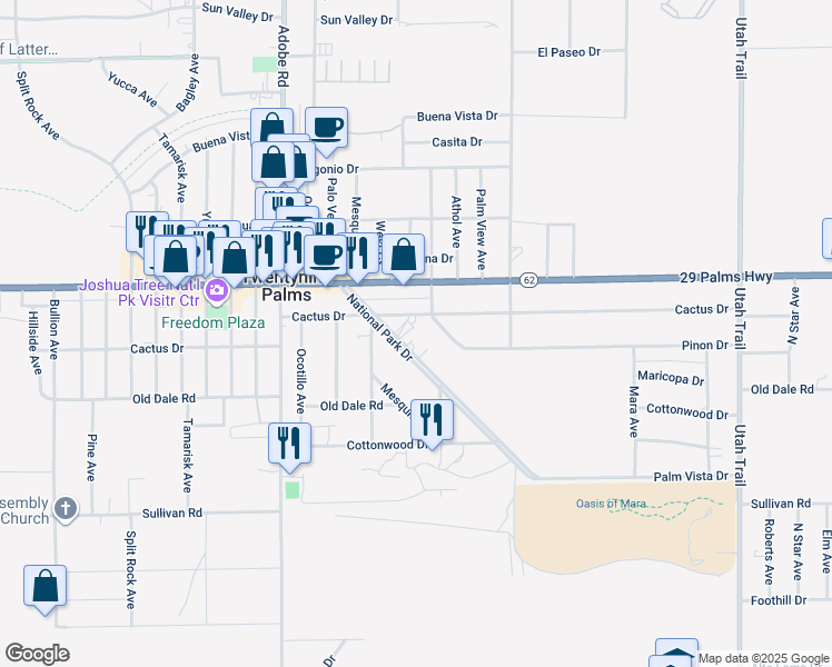 map of restaurants, bars, coffee shops, grocery stores, and more near 6651 National Park Drive in Twentynine Palms