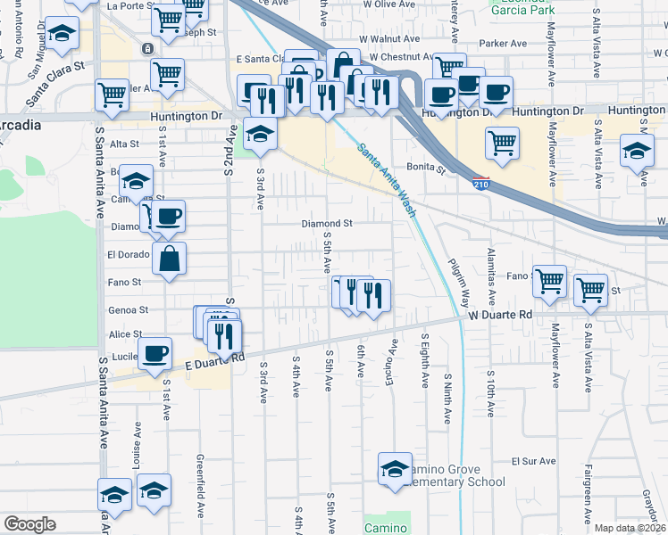 map of restaurants, bars, coffee shops, grocery stores, and more near 1620 Fifth Avenue in Monrovia