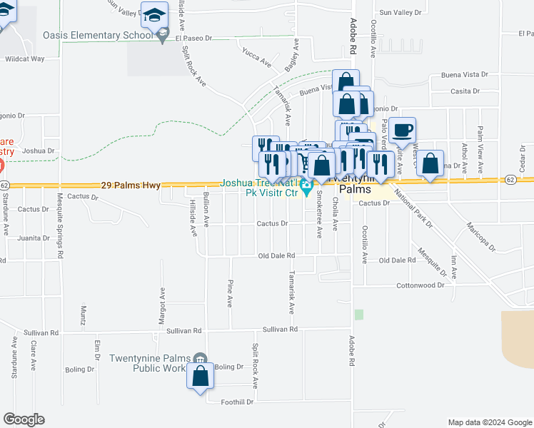 map of restaurants, bars, coffee shops, grocery stores, and more near 6580 Desert Queen Avenue in Twentynine Palms