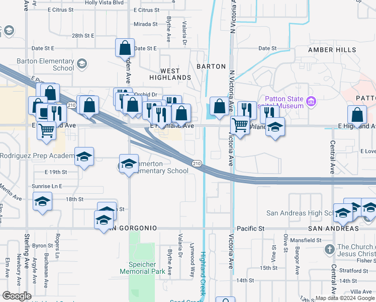 map of restaurants, bars, coffee shops, grocery stores, and more near 6597 Valaria Drive in Highland