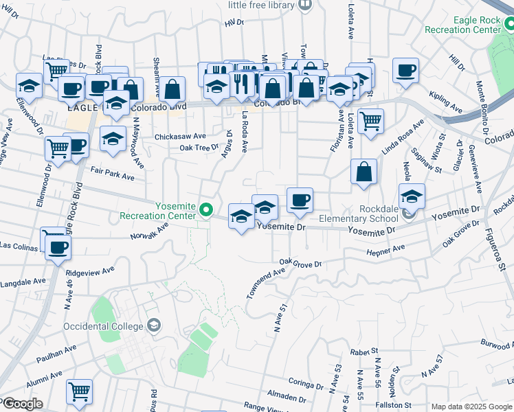 map of restaurants, bars, coffee shops, grocery stores, and more near 4865 Mount Royal Drive in Los Angeles