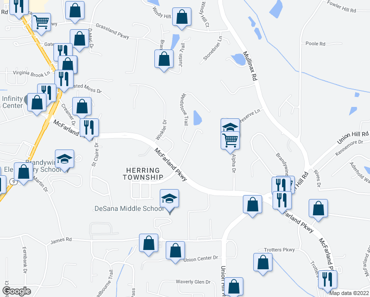 map of restaurants, bars, coffee shops, grocery stores, and more near 389 Weatherstone Place in Alpharetta