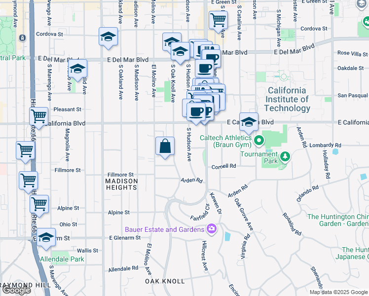 map of restaurants, bars, coffee shops, grocery stores, and more near 685 South Hudson Avenue in Pasadena