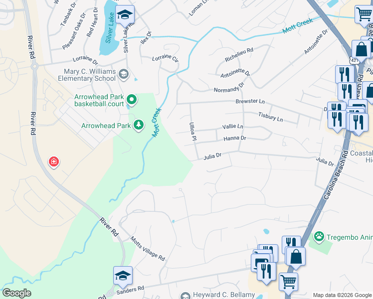 map of restaurants, bars, coffee shops, grocery stores, and more near 210 Hanna Drive in Wilmington