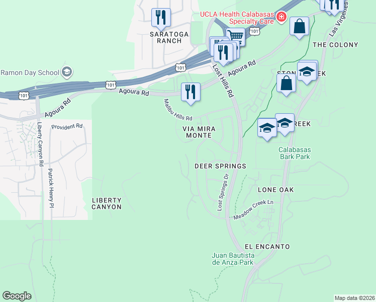 map of restaurants, bars, coffee shops, grocery stores, and more near 4030 Leighton Point Road in Agoura Hills