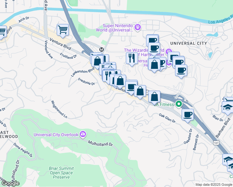 map of restaurants, bars, coffee shops, grocery stores, and more near 3643 Fredonia Drive in Los Angeles