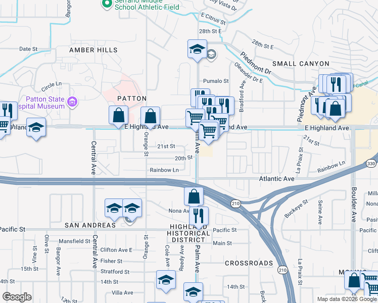map of restaurants, bars, coffee shops, grocery stores, and more near 3539 21st Street in Highland