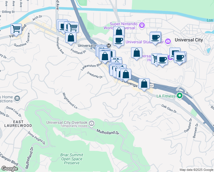 map of restaurants, bars, coffee shops, grocery stores, and more near 3858 Fredonia Drive in Los Angeles