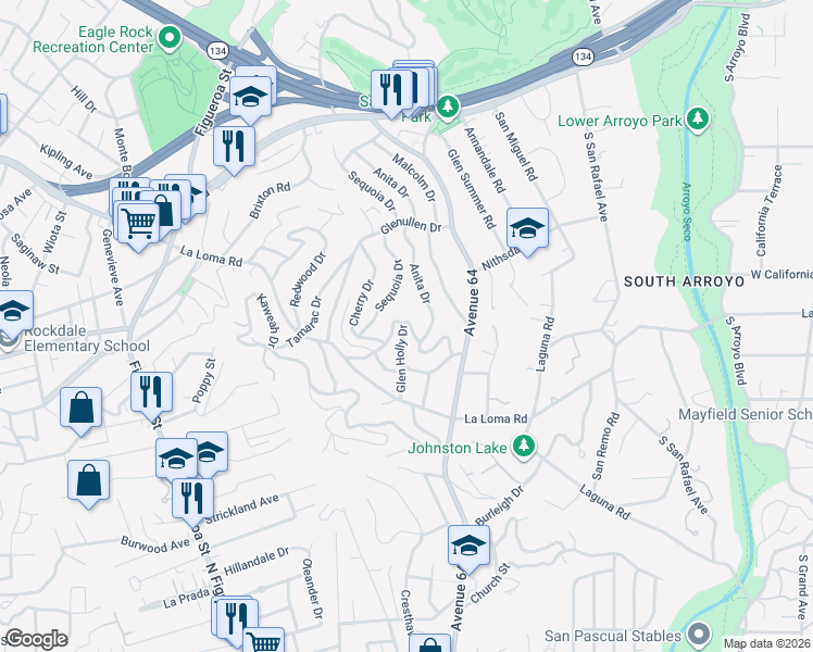 map of restaurants, bars, coffee shops, grocery stores, and more near 412 Glen Holly Drive in Pasadena