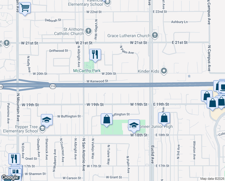 map of restaurants, bars, coffee shops, grocery stores, and more near 1946 North Redding Way in Upland