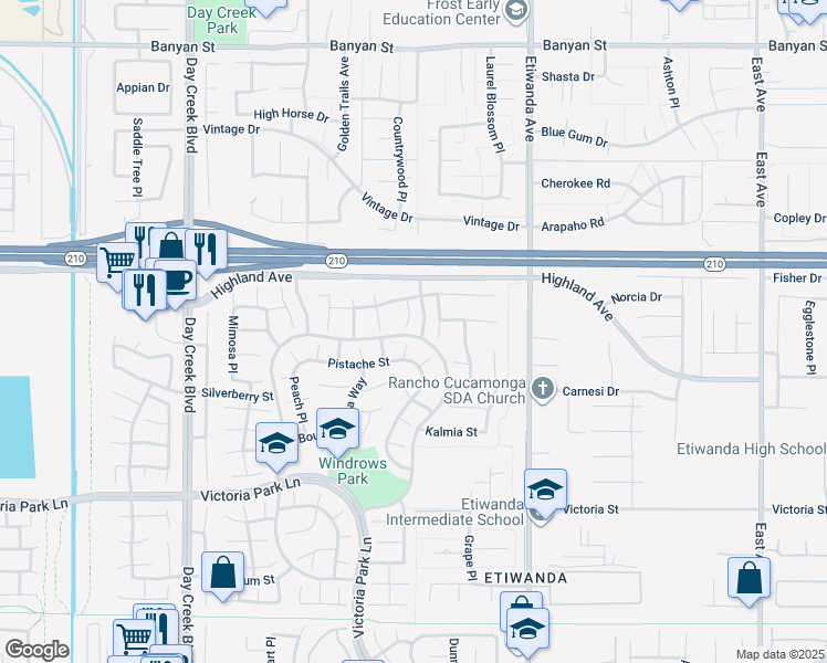 map of restaurants, bars, coffee shops, grocery stores, and more near 6595 Elderberry Court in Rancho Cucamonga