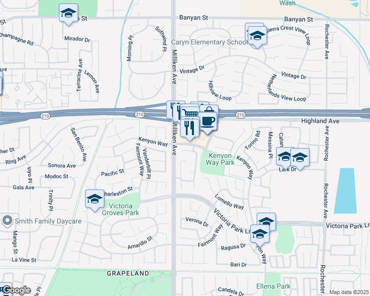 map of restaurants, bars, coffee shops, grocery stores, and more near 11344 Sunrise Court in Rancho Cucamonga
