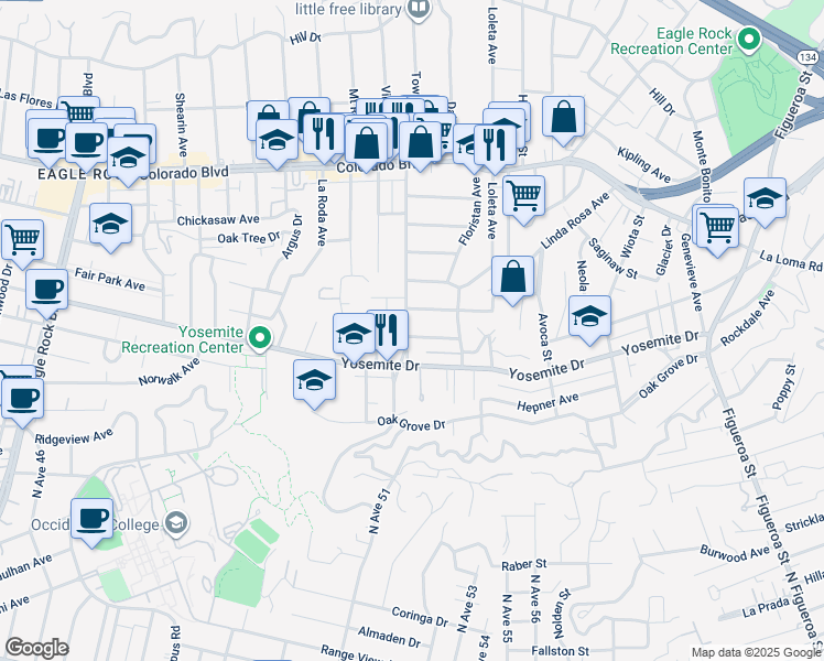 map of restaurants, bars, coffee shops, grocery stores, and more near 1597 Fair Park Avenue in Los Angeles