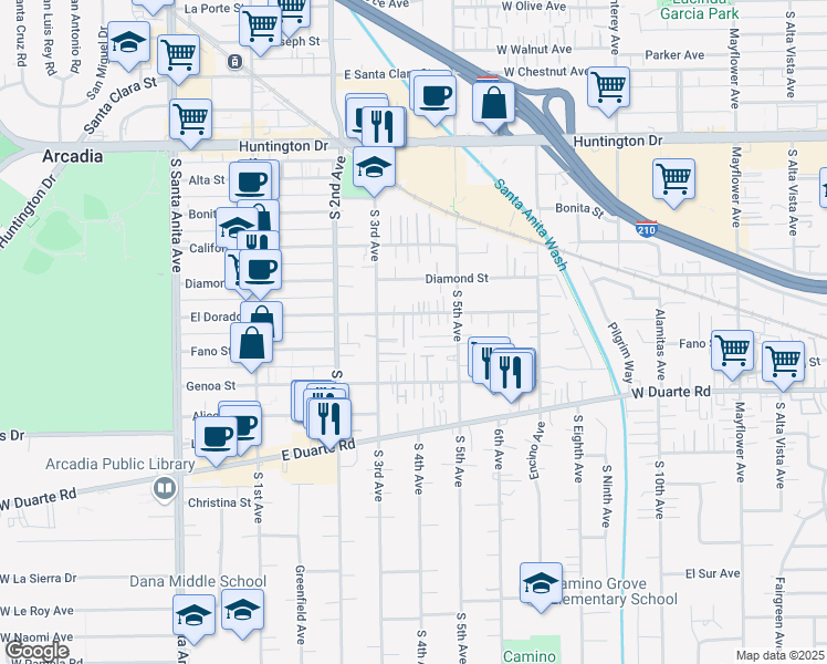 map of restaurants, bars, coffee shops, grocery stores, and more near 330 El Dorado Street in Arcadia