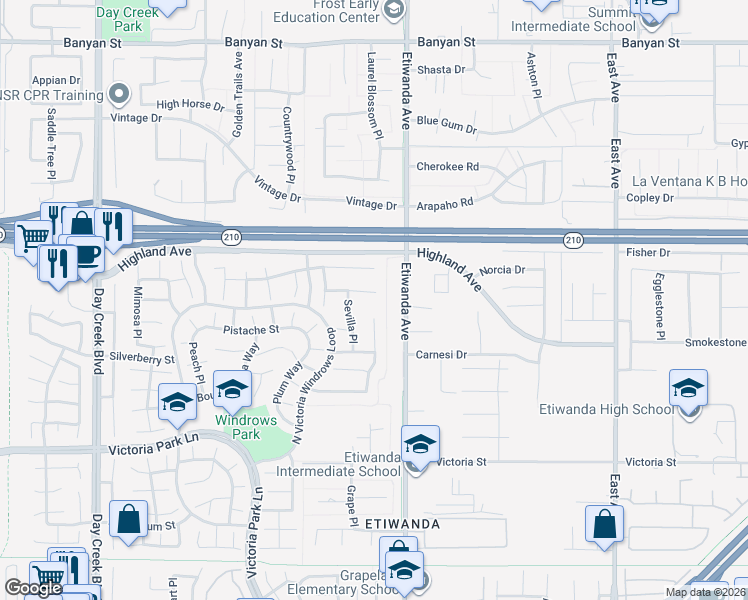 map of restaurants, bars, coffee shops, grocery stores, and more near 12833 Carissa Court in Rancho Cucamonga