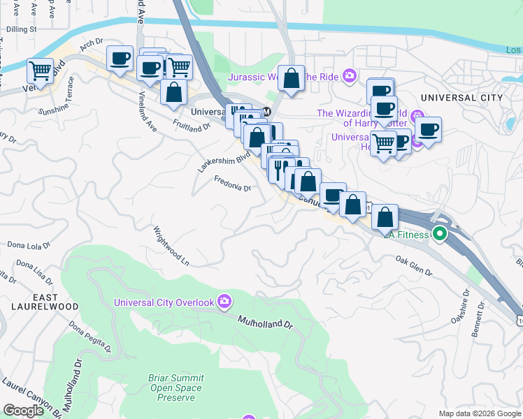 map of restaurants, bars, coffee shops, grocery stores, and more near 3625 Regal Place in Los Angeles