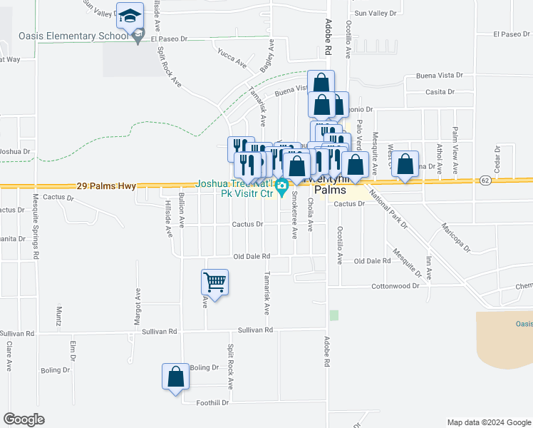 map of restaurants, bars, coffee shops, grocery stores, and more near 6579 Tamarisk Avenue in Twentynine Palms