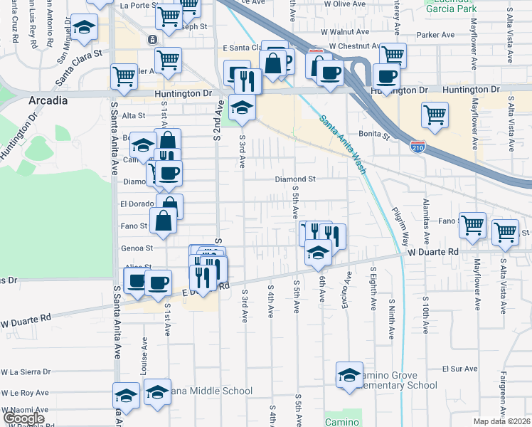 map of restaurants, bars, coffee shops, grocery stores, and more near 330 El Dorado Street in Arcadia