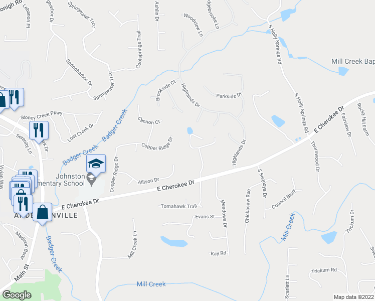map of restaurants, bars, coffee shops, grocery stores, and more near 247 Highland Village Lane in Woodstock