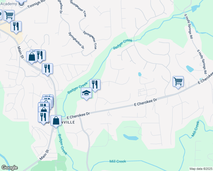 map of restaurants, bars, coffee shops, grocery stores, and more near 402 Hancock Court in Woodstock