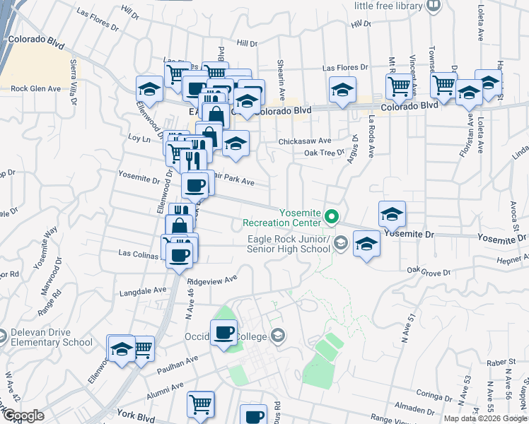 map of restaurants, bars, coffee shops, grocery stores, and more near 2035 Addison Way in Los Angeles