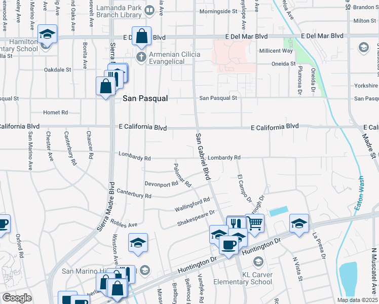 map of restaurants, bars, coffee shops, grocery stores, and more near 689 Lombardy Place in San Marino