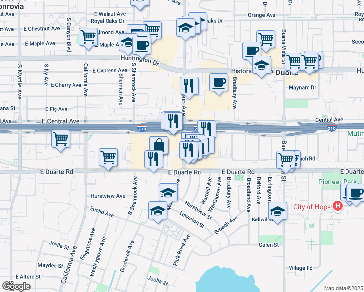 map of restaurants, bars, coffee shops, grocery stores, and more near 625 Mountain Avenue in Duarte
