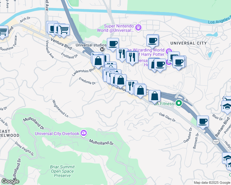 map of restaurants, bars, coffee shops, grocery stores, and more near 3642 Fredonia Drive in Los Angeles