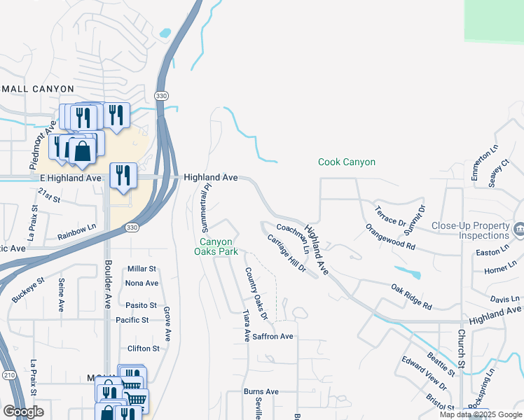 map of restaurants, bars, coffee shops, grocery stores, and more near 28350 Highland Avenue in Highland