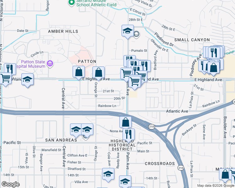 map of restaurants, bars, coffee shops, grocery stores, and more near 3539 21st Street in Highland