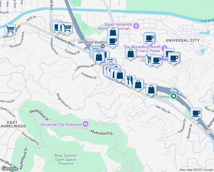 map of restaurants, bars, coffee shops, grocery stores, and more near 3651 Regal Place in Los Angeles