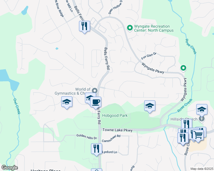 map of restaurants, bars, coffee shops, grocery stores, and more near 619 Victoria Lane in Woodstock
