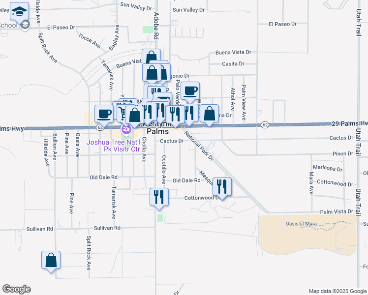 map of restaurants, bars, coffee shops, grocery stores, and more near 6589 Palo Verde Avenue in Twentynine Palms