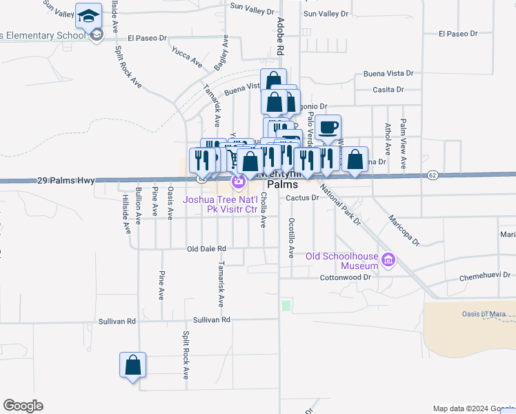 map of restaurants, bars, coffee shops, grocery stores, and more near 6589 Cholla Avenue in Twentynine Palms