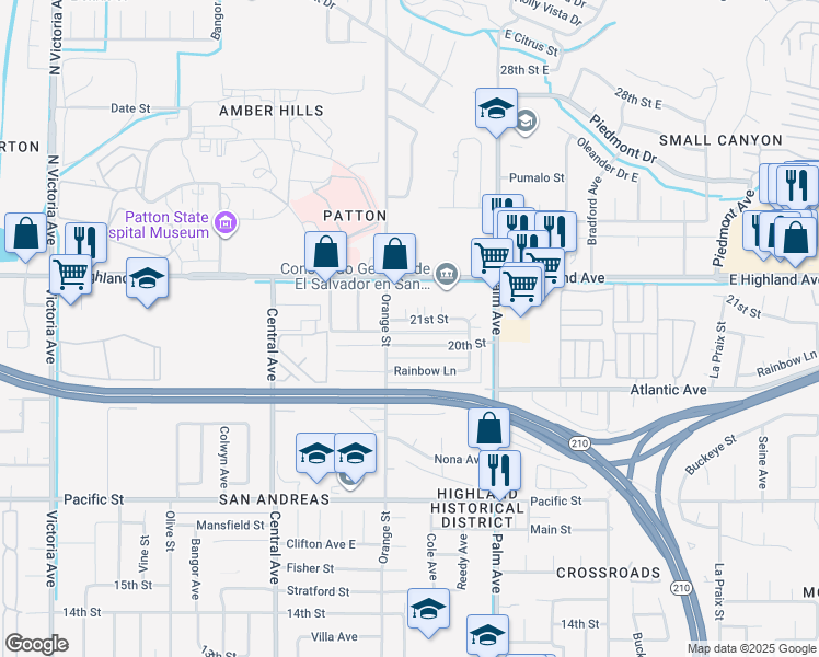 map of restaurants, bars, coffee shops, grocery stores, and more near 3475 21st Street in Highland