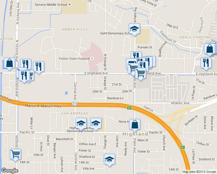 map of restaurants, bars, coffee shops, grocery stores, and more near 3415 Orange Street in Highland