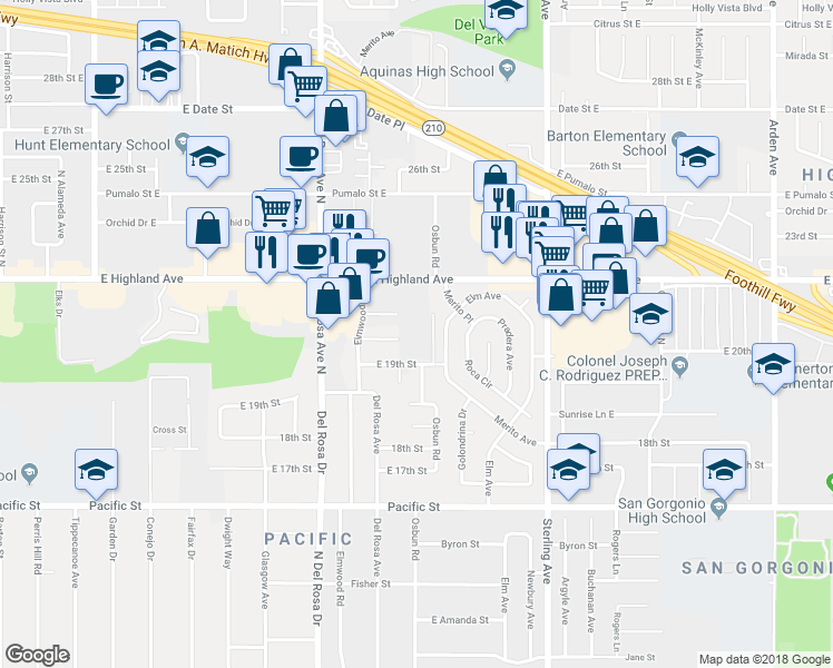 map of restaurants, bars, coffee shops, grocery stores, and more near 1775 East 20th Street in San Bernardino