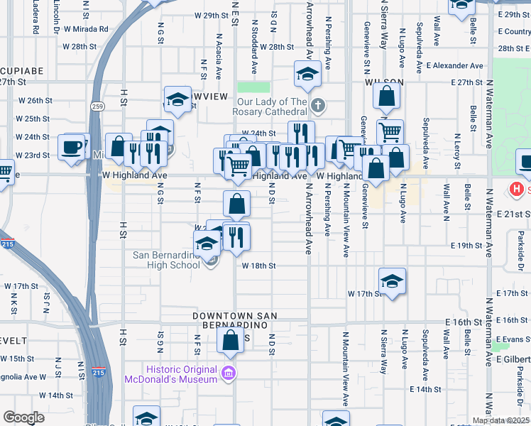map of restaurants, bars, coffee shops, grocery stores, and more near 1988 North D Street in San Bernardino