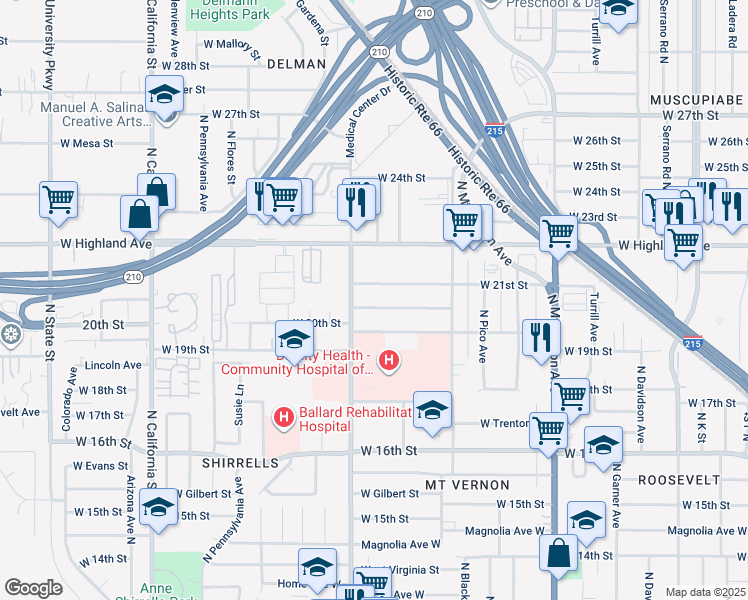 map of restaurants, bars, coffee shops, grocery stores, and more near 1566 West 20th Street in San Bernardino