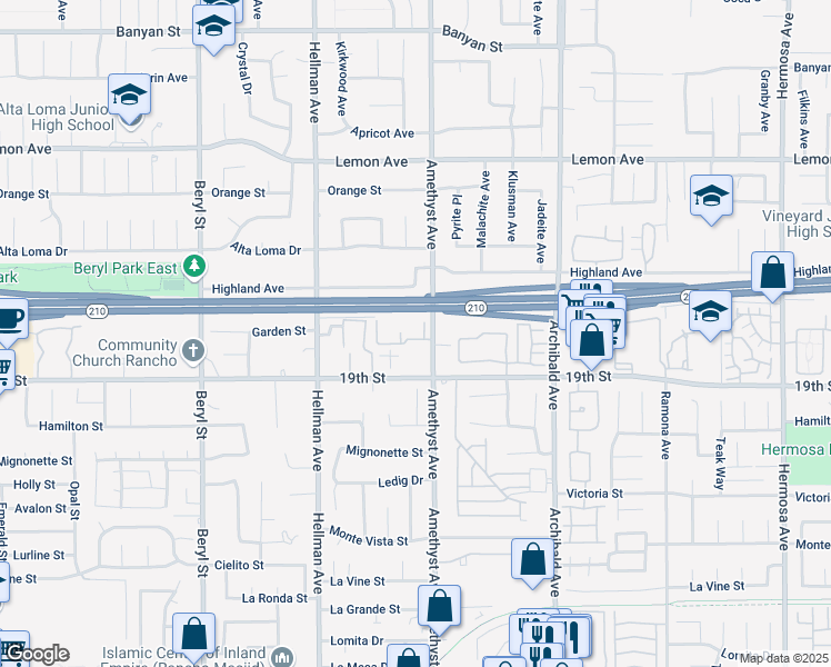 map of restaurants, bars, coffee shops, grocery stores, and more near 6618 Amethyst Avenue in Rancho Cucamonga