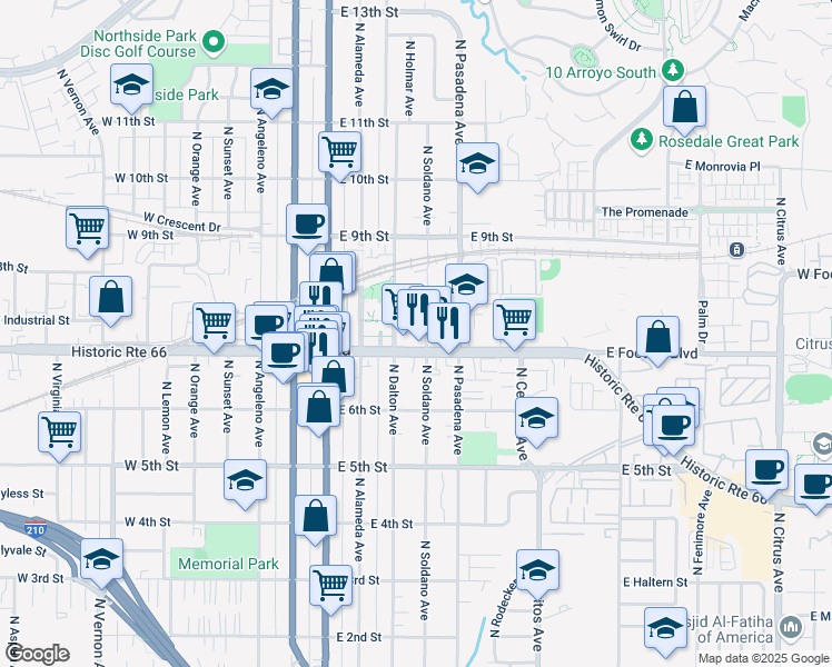 map of restaurants, bars, coffee shops, grocery stores, and more near 714 North Dalton Avenue in Azusa
